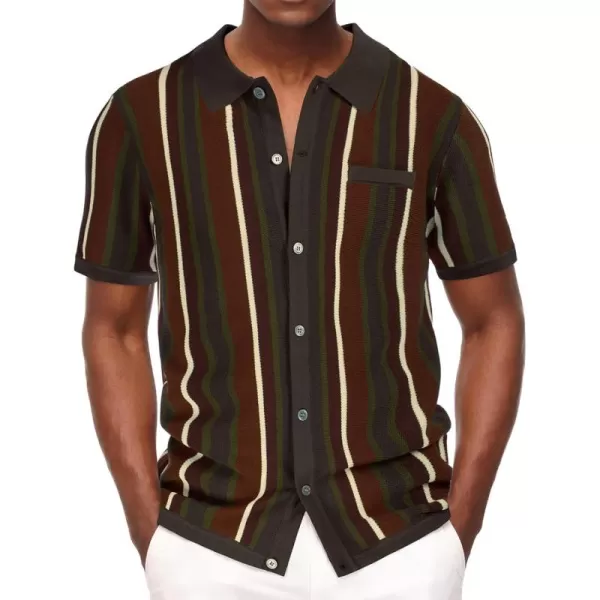 Men’s Short Sleeve Knit Shirt Vintage Stripe Lapel Collar Polo Shirt