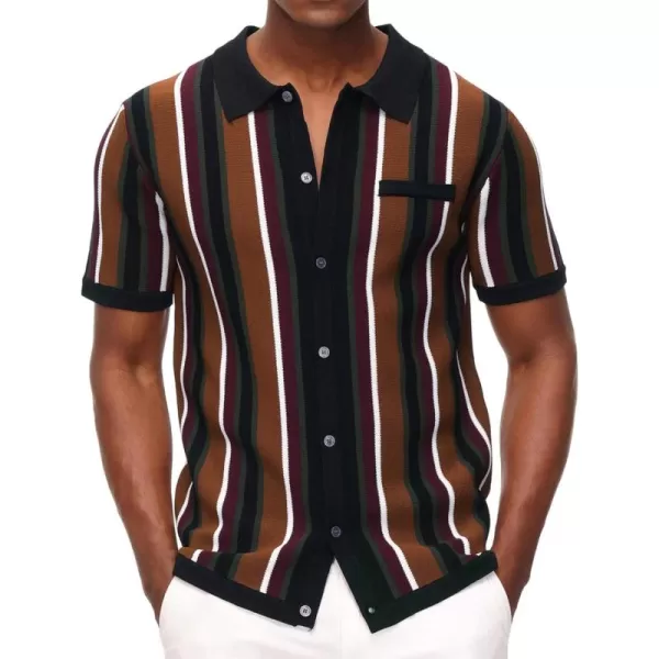 Men’s Short Sleeve Knit Shirt Vintage Stripe Lapel Collar Polo Shirt