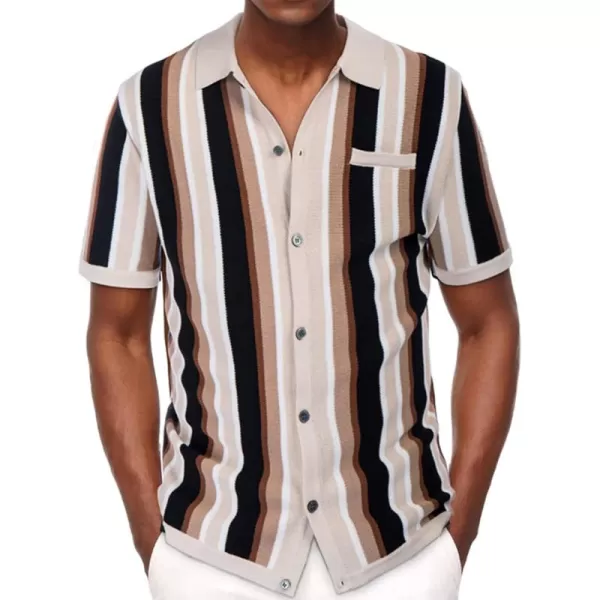 Men’s Short Sleeve Knit Shirt Vintage Stripe Lapel Collar Polo Shirt