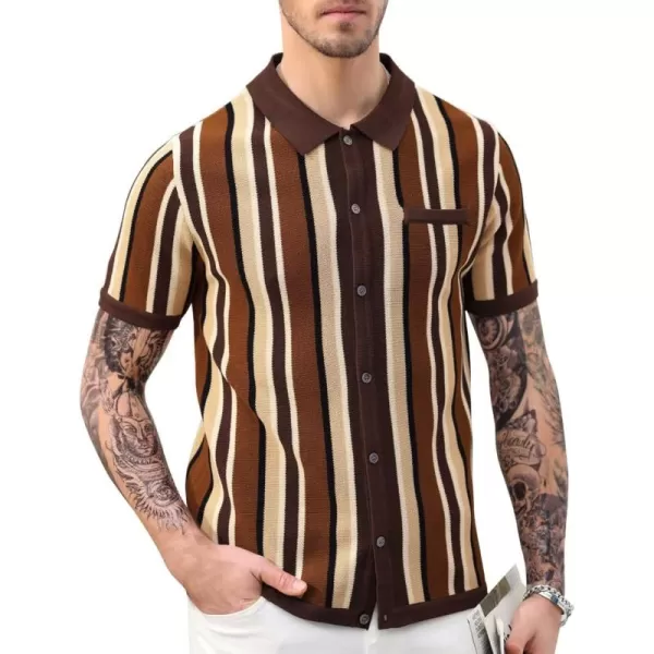 Men’s Short Sleeve Knit Shirt Vintage Stripe Lapel Collar Polo Shirt