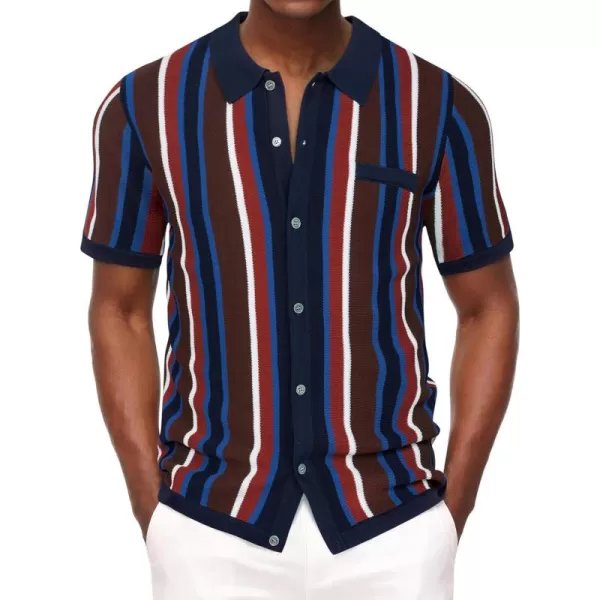 Men’s Short Sleeve Knit Shirt Vintage Stripe Lapel Collar Polo Shirt