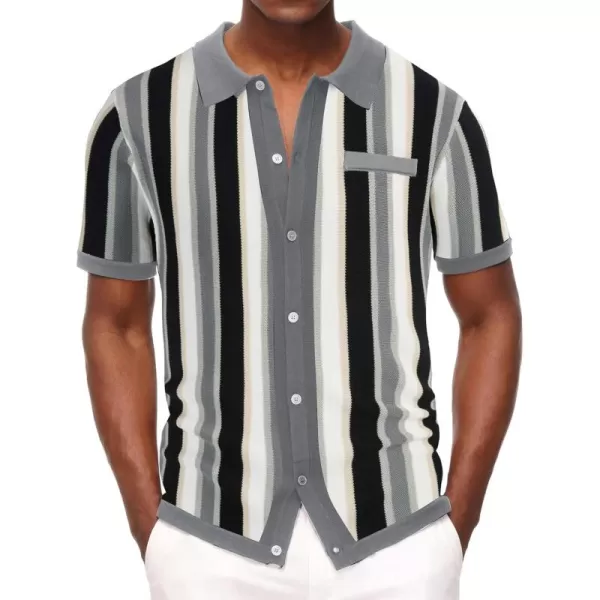 Men’s Short Sleeve Knit Shirt Vintage Stripe Lapel Collar Polo Shirt
