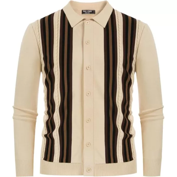 Mens Vintage Striped Knit Polo Shirt Long Sleeve Button Down Cardigan Sweater