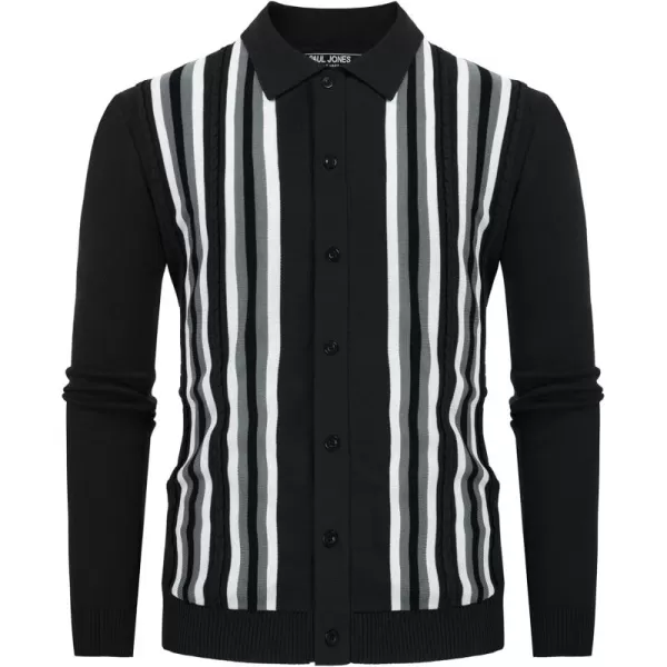 Mens Vintage Striped Knit Polo Shirt Long Sleeve Button Down Cardigan Sweater