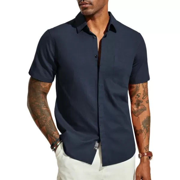 PJ PAUL JONES Men Cotton Linen Shirt Casual Short Sleeve Button Down Shirts Summer Beach Shirt Vacation Shirt with Pocket