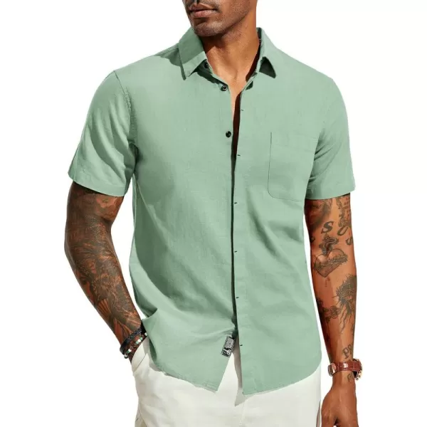PJ PAUL JONES Men Cotton Linen Shirt Casual Short Sleeve Button Down Shirts Summer Beach Shirt Vacation Shirt with Pocket