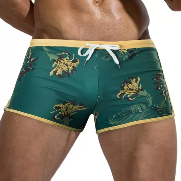 PJ PAUL JONES Men's 50s Vintage Tropical Print Swim Brief Square Leg Contrast Swimwear Swimsuit