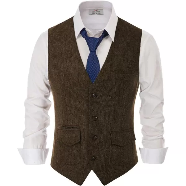 PJ PAUL JONES Men's British Herringbone Tweed Vest Casual Wool Blend Waistcoat with Pockets