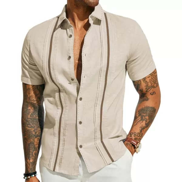 PJ PAUL JONES Men's Casual Button Down Shirts Linen Cuban Guayabera Shirt Color Blocking Stripes Cotton Beach Shirts