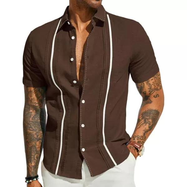PJ PAUL JONES Men's Casual Button Down Shirts Linen Cuban Guayabera Shirt Color Blocking Stripes Cotton Beach Shirts