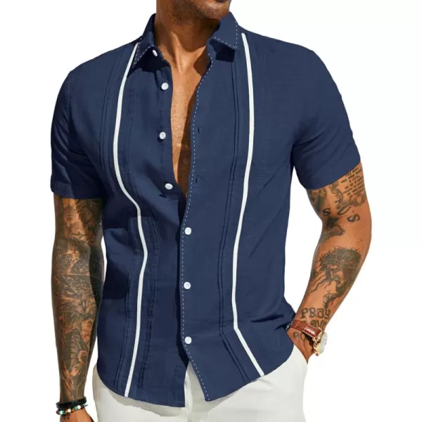 PJ PAUL JONES Men's Casual Button Down Shirts Linen Cuban Guayabera Shirt Color Blocking Stripes Cotton Beach Shirts