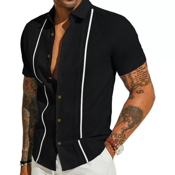 PJ PAUL JONES Men's Casual Button Down Shirts Linen Cuban Guayabera Shirt Color Blocking Stripes Cotton Beach Shirts