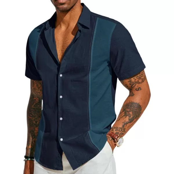 PJ PAUL JONES Men's Cotton Linen Shirts Vintage Contrast Breathable Button Down Shirts Retro Short Sleeve Dress Shirts