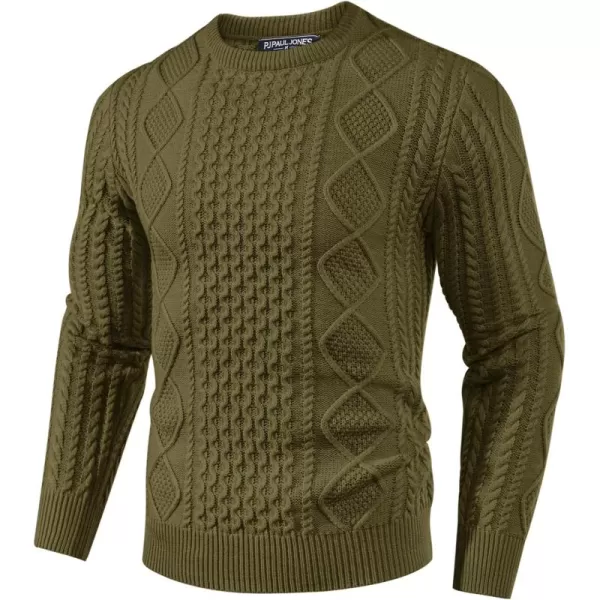 PJ PAUL JONES Men's Military Pullover Sweater Crewneck Vintage Cable Knit Sweater with Suede Patchwork