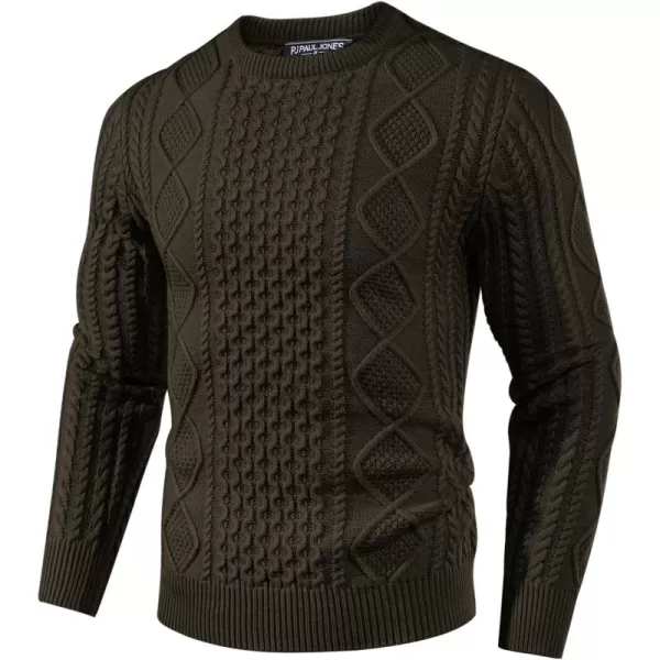 PJ PAUL JONES Men's Military Pullover Sweater Crewneck Vintage Cable Knit Sweater with Suede Patchwork