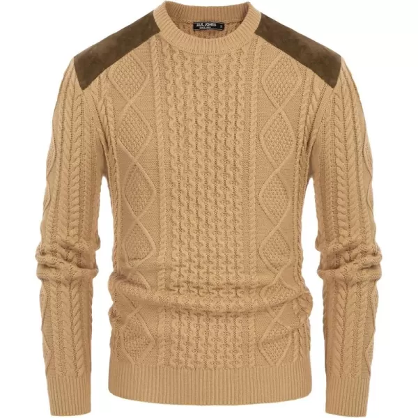 PJ PAUL JONES Men's Military Pullover Sweater Crewneck Vintage Cable Knit Sweater with Suede Patchwork