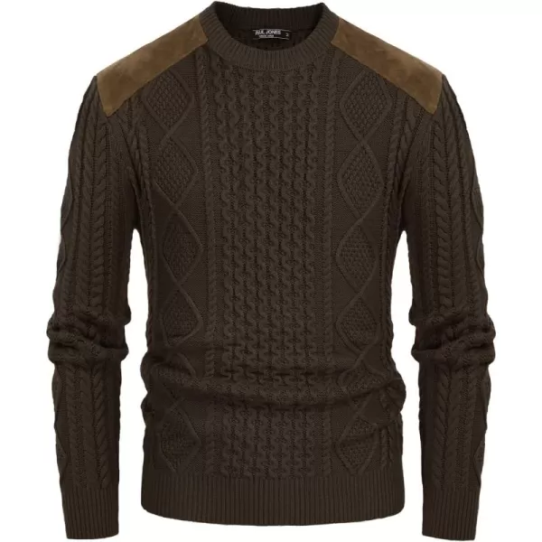 PJ PAUL JONES Men's Military Pullover Sweater Crewneck Vintage Cable Knit Sweater with Suede Patchwork
