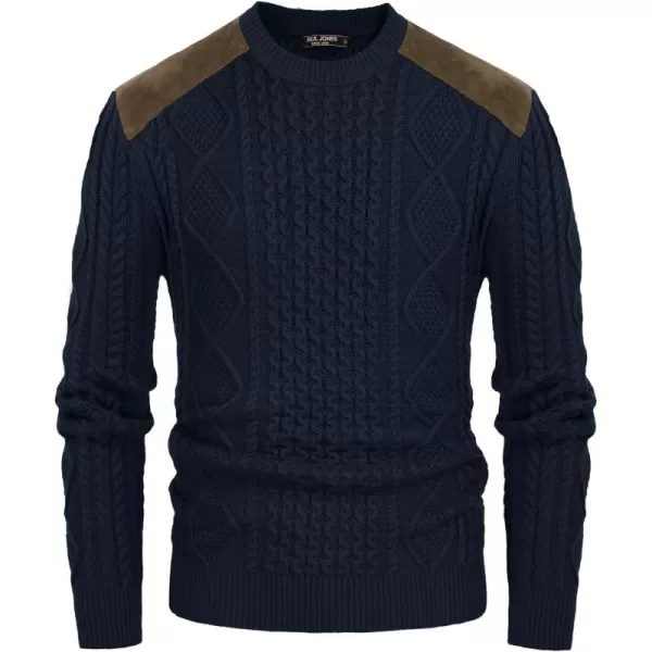 PJ PAUL JONES Men's Military Pullover Sweater Crewneck Vintage Cable Knit Sweater with Suede Patchwork