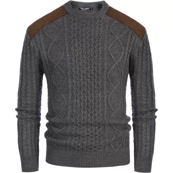 PJ PAUL JONES Men's Military Pullover Sweater Crewneck Vintage Cable Knit Sweater with Suede Patchwork