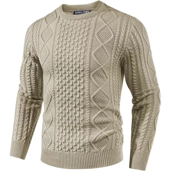PJ PAUL JONES Men's Military Pullover Sweater Crewneck Vintage Cable Knit Sweater with Suede Patchwork