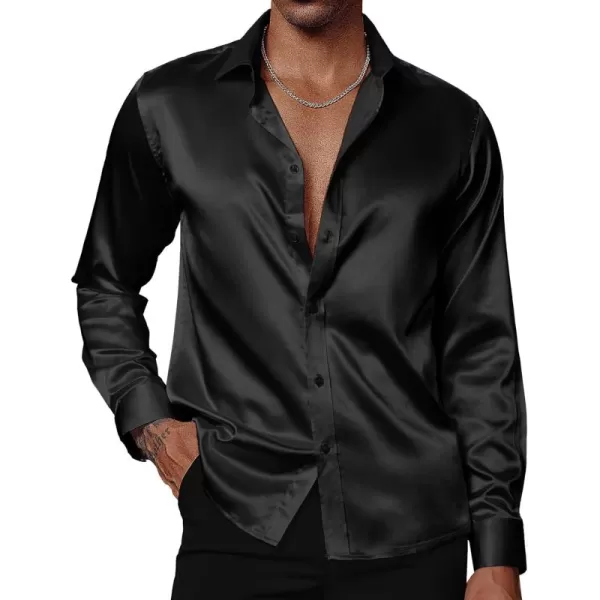 PJ PAUL JONES Men's Shiny Satin Dress Shirts Long Sleeve Button Down Silk Shirt with Bow Tie