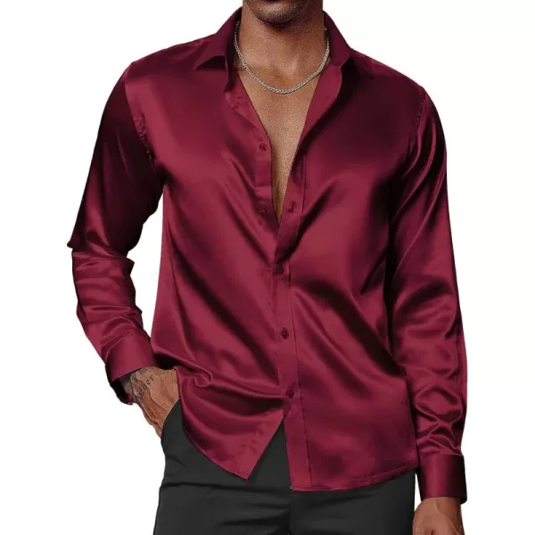 PJ PAUL JONES Men's Shiny Satin Dress Shirts Long Sleeve Button Down Silk Shirt with Bow Tie