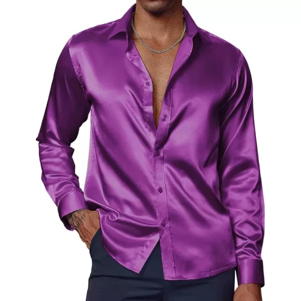 PJ PAUL JONES Men's Shiny Satin Dress Shirts Long Sleeve Button Down Silk Shirt with Bow Tie