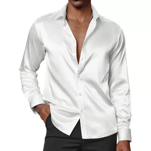 PJ PAUL JONES Men's Shiny Satin Dress Shirts Long Sleeve Button Down Silk Shirt with Bow Tie