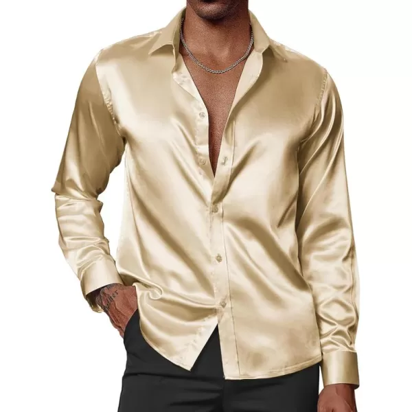 PJ PAUL JONES Men's Shiny Satin Dress Shirts Long Sleeve Button Down Silk Shirt with Bow Tie