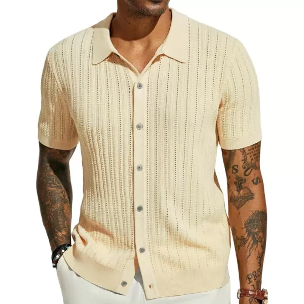 PJ PAUL JONES Mens Short Sleeve Knit Shirts Casual Button Down Polo Shirt Hollow Out Beach Shirt