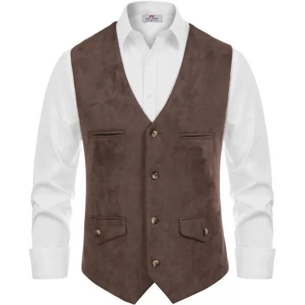 PJ PAUL JONES Men's Suede Leather Vest Casual V-Neck Single Breasted Slim Fit Western Cowboy Vest with Pockets