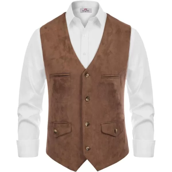 PJ PAUL JONES Men's Suede Leather Vest Casual V-Neck Single Breasted Slim Fit Western Cowboy Vest with Pockets