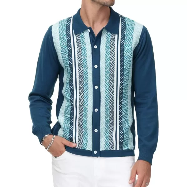 PJ PAUL JONES Men's Vintage Stripe Polo Shirt Casual Long Sleeve Button Knit Shirt