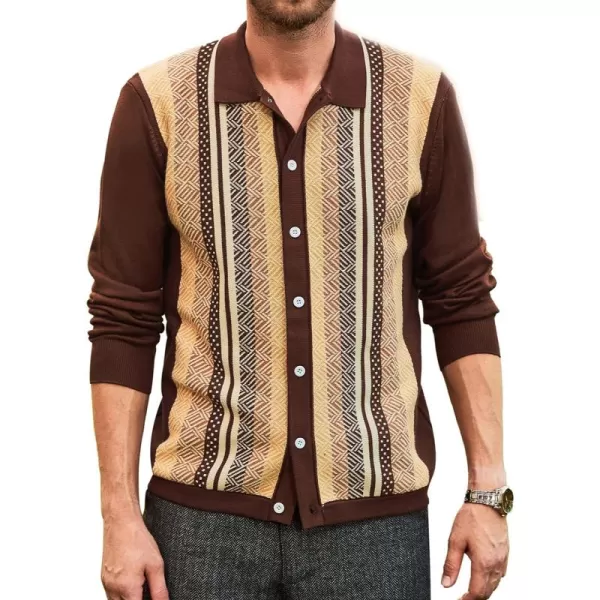 PJ PAUL JONES Men's Vintage Stripe Polo Shirt Casual Long Sleeve Button Knit Shirt