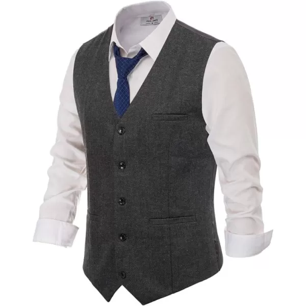 PJ PAUL JONES Men's Western Herringbone Tweed Suit Vest Wool Blend V Neck Slim Fit Waistcoat