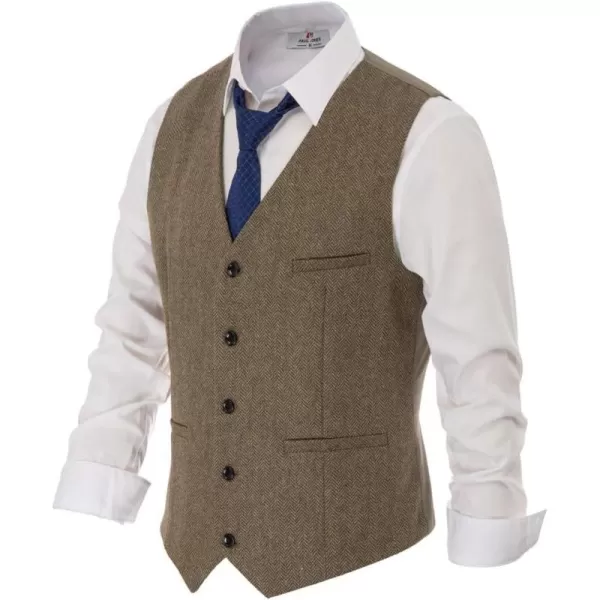 PJ PAUL JONES Men's Western Herringbone Tweed Suit Vest Wool Blend V Neck Slim Fit Waistcoat