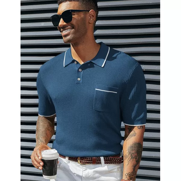 PJ PAUL JONES Men's Hollow Texture Knit Polo Shirts Breathable Contrast Shirt Lightweight Golf Shirts with Pocket