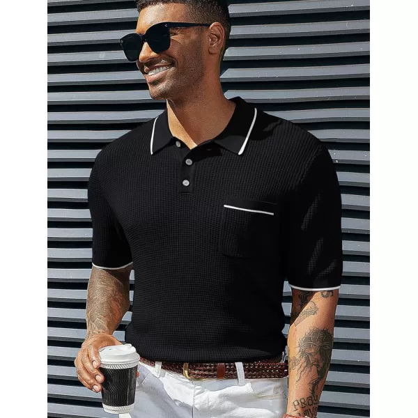 PJ PAUL JONES Men's Hollow Texture Knit Polo Shirts Breathable Contrast Shirt Lightweight Golf Shirts with Pocket