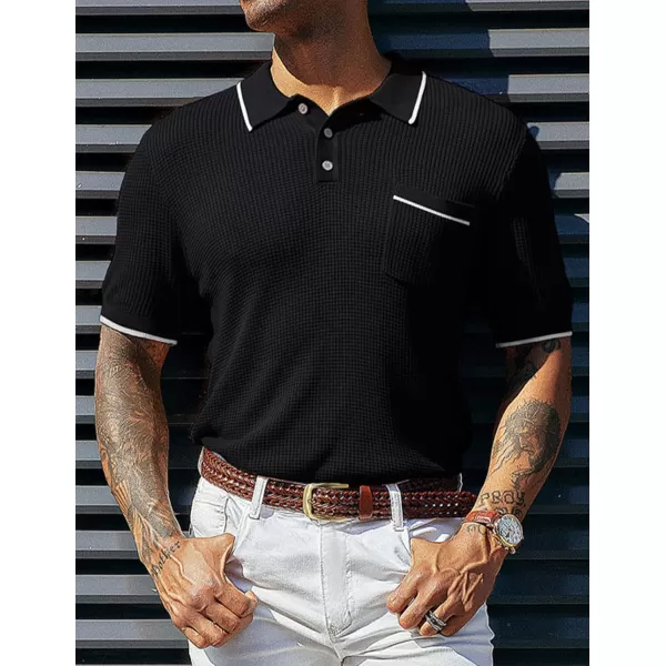 PJ PAUL JONES Men's Hollow Texture Knit Polo Shirts Breathable Contrast Shirt Lightweight Golf Shirts with Pocket