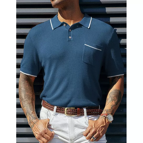 PJ PAUL JONES Men's Hollow Texture Knit Polo Shirts Breathable Contrast Shirt Lightweight Golf Shirts with Pocket