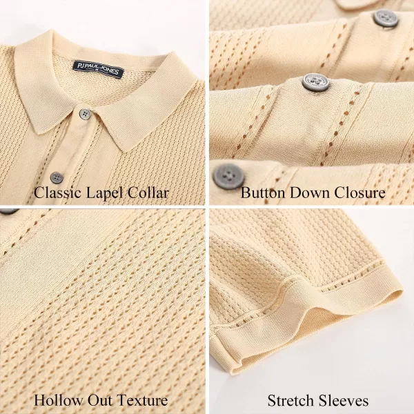 PJ PAUL JONES Mens Knit Polo Shirts Short Sleeve Vintage Button Down Shirt Casual Beah Tops