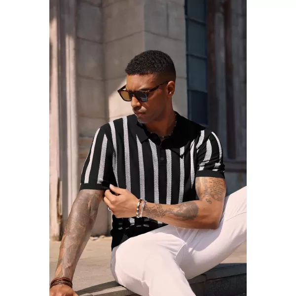 PJ PAUL JONES Men's Knit Polo Shirts Short Sleeve Vintage Striped Shirts Retro Polo Shirt