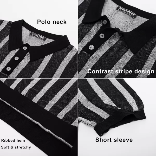 PJ PAUL JONES Men's Knit Polo Shirts Short Sleeve Vintage Striped Shirts Retro Polo Shirt