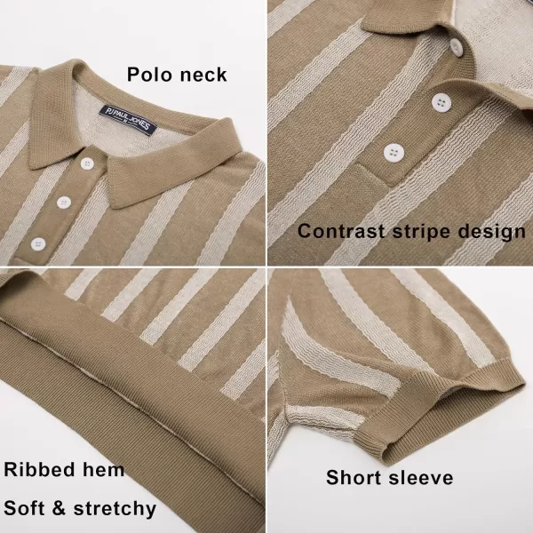 PJ PAUL JONES Men's Knit Polo Shirts Short Sleeve Vintage Striped Shirts Retro Polo Shirt