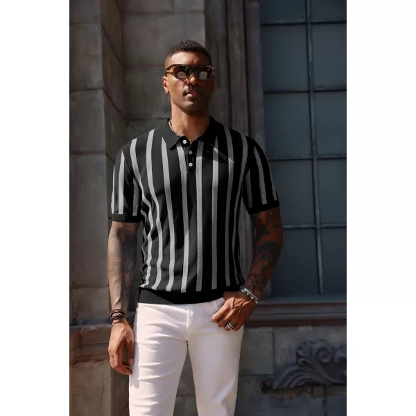 PJ PAUL JONES Men's Knit Polo Shirts Short Sleeve Vintage Striped Shirts Retro Polo Shirt