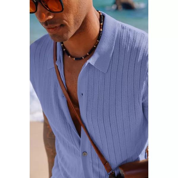 PJ PAUL JONES Mens Knit Shirt Short Sleeve Summer Hollow Out Shirt Beach Button Down Shirt