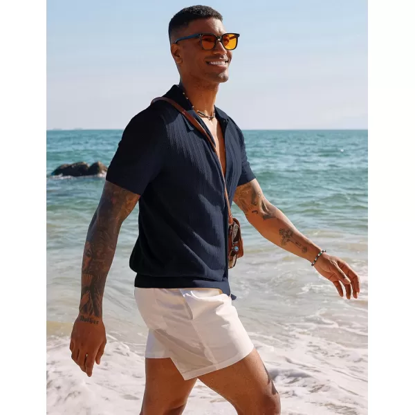 PJ PAUL JONES Mens Knit Shirt Short Sleeve Summer Hollow Out Shirt Beach Button Down Shirt