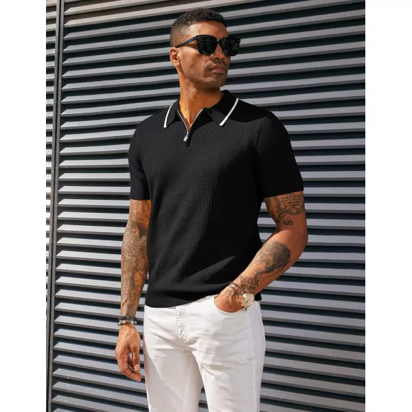 PJ PAUL JONES Men's Quarter Zip Polo Shirts Contrast Collar Knit Polo Shirt Short Sleeve Polos