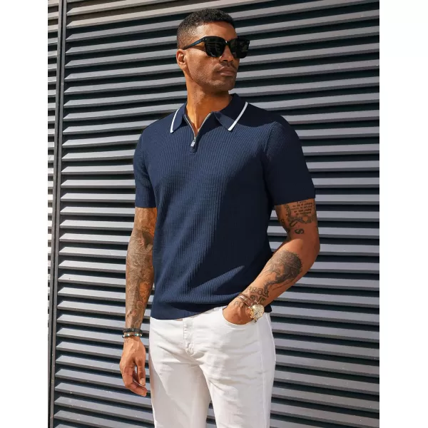 PJ PAUL JONES Men's Quarter Zip Polo Shirts Contrast Collar Knit Polo Shirt Short Sleeve Polos