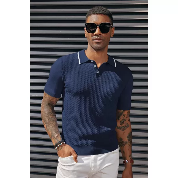 PJ PAUL JONES Men's Short Sleeve Knit Polo Shirts Waffle Texture Knit Shirt